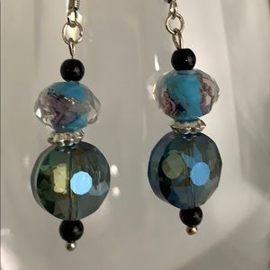 Blue iridescent and black bead earrings